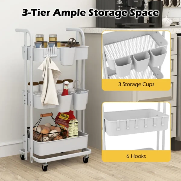 Rollende trolley met 3 etages opvouwbare opslagtrolley 3 hangende kopjes 6 haken universele vergrendelbare metalen wielen wit 4