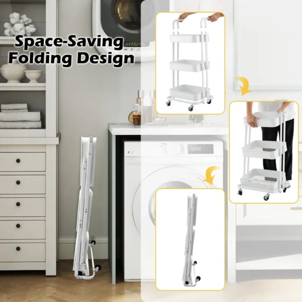 Rollende trolley met 3 etages opvouwbare opslagtrolley 3 hangende kopjes 6 haken universele vergrendelbare metalen wielen wit 5