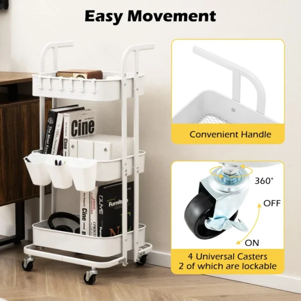 Rollende trolley met 3 etages opvouwbare opslagtrolley 3 hangende kopjes 6 haken universele vergrendelbare metalen wielen wit 6