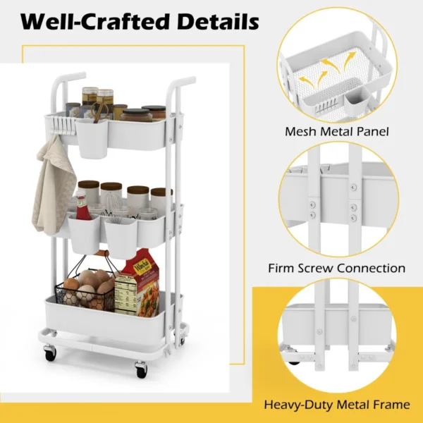 Rollende trolley met 3 etages opvouwbare opslagtrolley 3 hangende kopjes 6 haken universele vergrendelbare metalen wielen wit 7