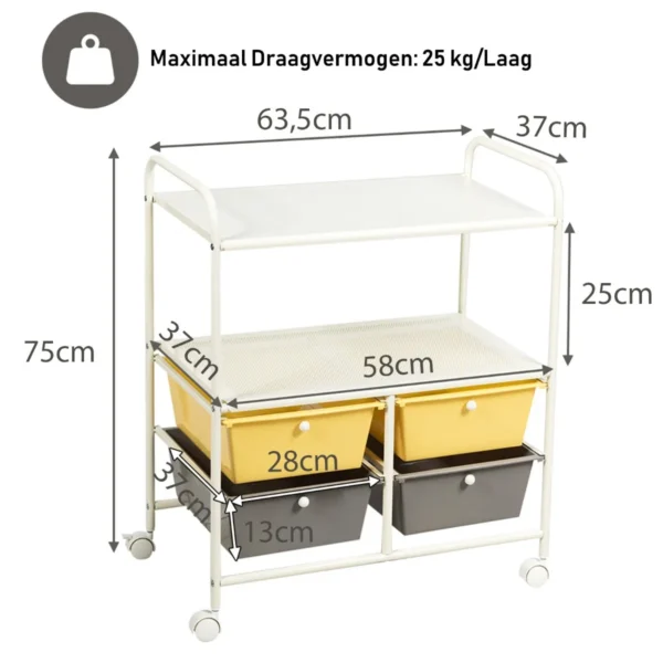 Rolwagen met 4 stapelbare laden ladewagen met metalen frame en legplanken opbergwagen voor kantoor geel 3