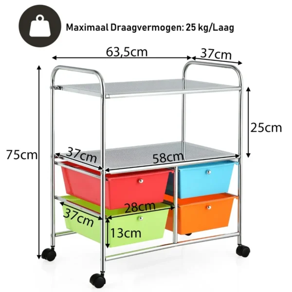 Rolwagen met 4 stapelbare laden ladewagen met metalen frame en legplanken opbergwagen voor kantoor meerkleurig 3