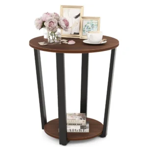 Ronde bijzettafel 2 laags accenttafel met open plank banktafel met metalen frame industrieel nachtkastje voor woonkamer bruin 1