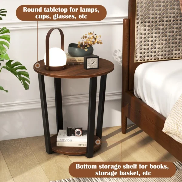 Ronde bijzettafel 2 laags accenttafel met open plank banktafel met metalen frame industrieel nachtkastje voor woonkamer bruin 6
