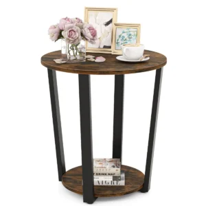 Ronde bijzettafel 2 laags accenttafel met open plank banktafel met metalen frame industrieel nachtkastje voor woonkamer koffie 1