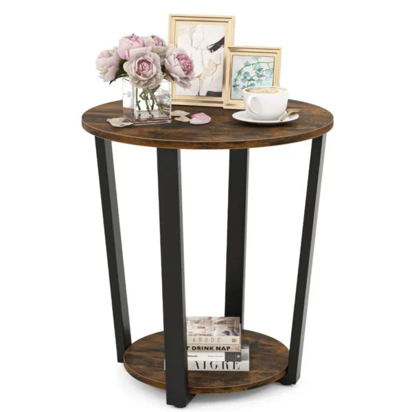 Ronde bijzettafel 2 laags accenttafel met open plank banktafel met metalen frame industrieel nachtkastje voor woonkamer koffie 1