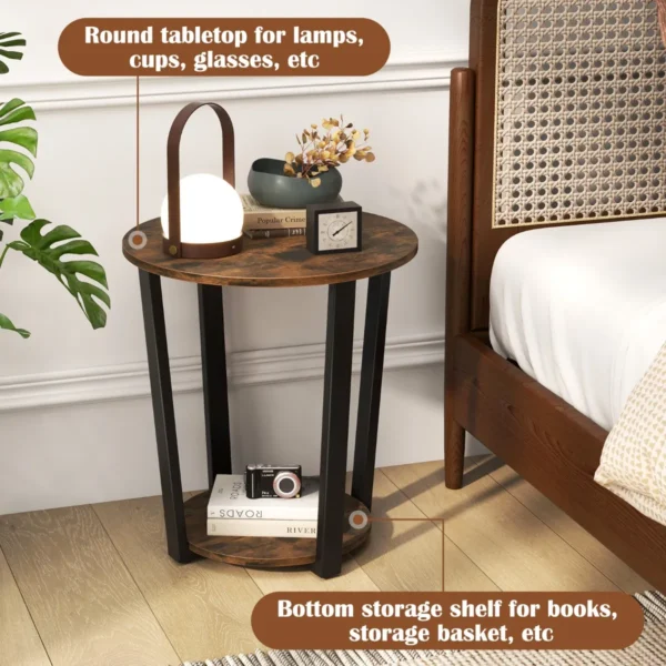 Ronde bijzettafel 2 laags accenttafel met open plank banktafel met metalen frame industrieel nachtkastje voor woonkamer koffie 6