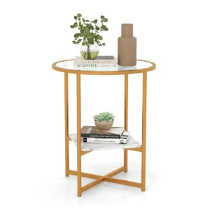 Ronde bijzettafel golvend gehard glazen bankuiteinde verguld metalen frame faux marmeren plank kleine moderne salontafel 50 x 50 x 60 cm 1