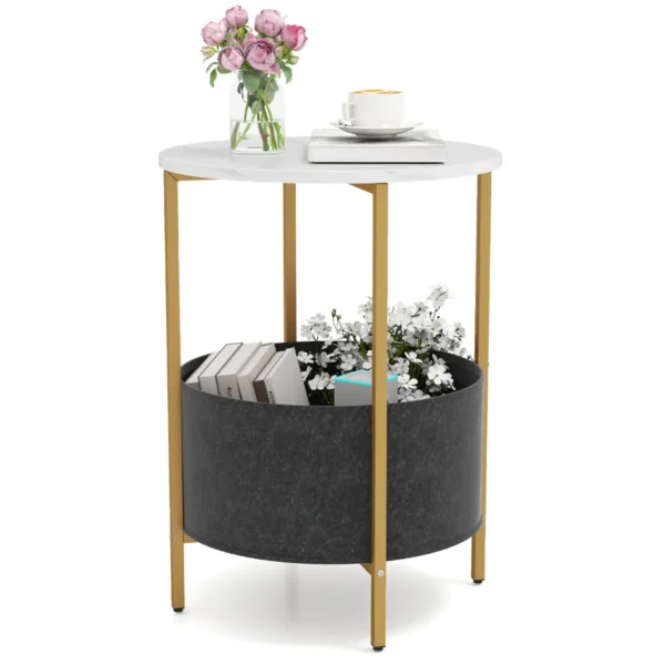 Ronde bijzettafel voor kleine ruimtes 2 niveaus bijzettafel met verwijderbare stoffen mand metalen frame salontafel nachtkastje 1