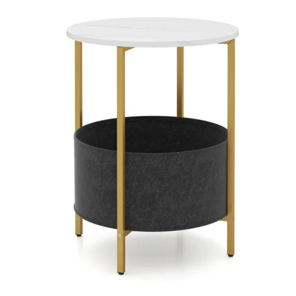 Ronde bijzettafel voor kleine ruimtes 2 niveaus bijzettafel met verwijderbare stoffen mand metalen frame salontafel nachtkastje 2
