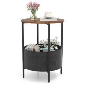 Ronde bijzettafel voor kleine ruimtes 2 niveaus bijzettafel met verwijderbare stoffen mand salontafel nachtkastje 44 x 61 cm bruin 1