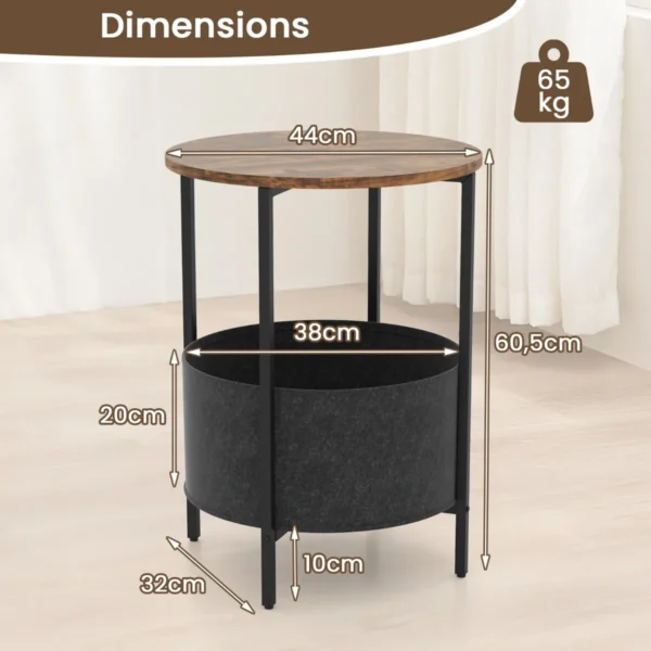 Ronde bijzettafel voor kleine ruimtes 2 niveaus bijzettafel met verwijderbare stoffen mand salontafel nachtkastje 44 x 61 cm bruin 3