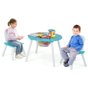 Ronde kindertafel en stoel set 3 delige kinderen houten activiteit tafel meubels set met net centrum opbergruimte knutselen maaltijden groen 1