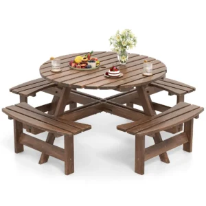 Ronde picknicktafelset voor 2 8 personen ronde kampeertafel met 4 ingebouwde banken 5 cm parasolgat buitentafel en stoelen bruin 1