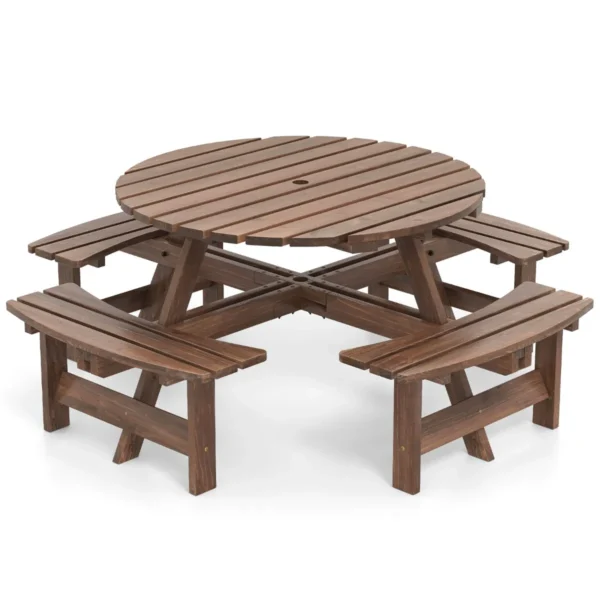 Ronde picknicktafelset voor 2 8 personen ronde kampeertafel met 4 ingebouwde banken 5 cm parasolgat buitentafel en stoelen bruin 2