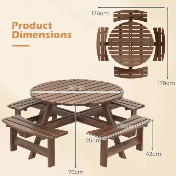 Ronde picknicktafelset voor 2 8 personen ronde kampeertafel met 4 ingebouwde banken 5 cm parasolgat buitentafel en stoelen bruin 3