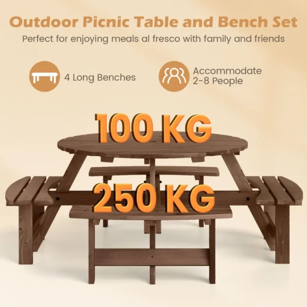 Ronde picknicktafelset voor 2 8 personen ronde kampeertafel met 4 ingebouwde banken 5 cm parasolgat buitentafel en stoelen bruin 4