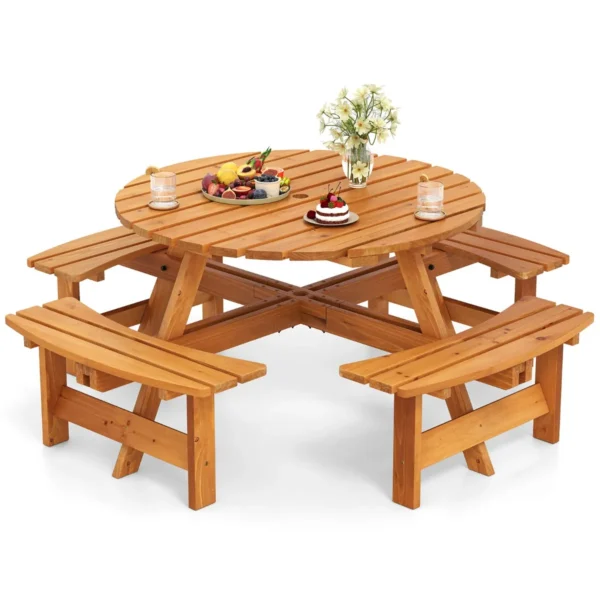 Ronde picknicktafelset voor 2 8 personen ronde kampeertafel met 4 ingebouwde banken 5 cm parasolgat buitentafel en stoelen geel 1