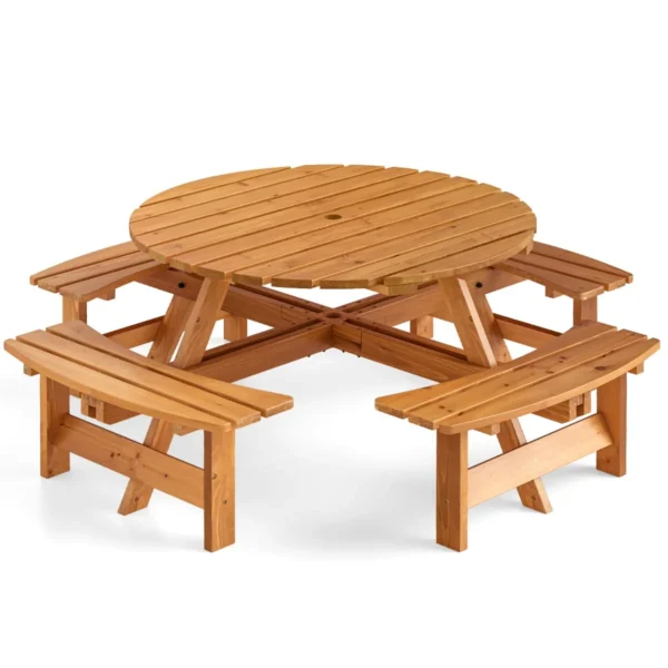 Ronde picknicktafelset voor 2 8 personen ronde kampeertafel met 4 ingebouwde banken 5 cm parasolgat buitentafel en stoelen geel 2