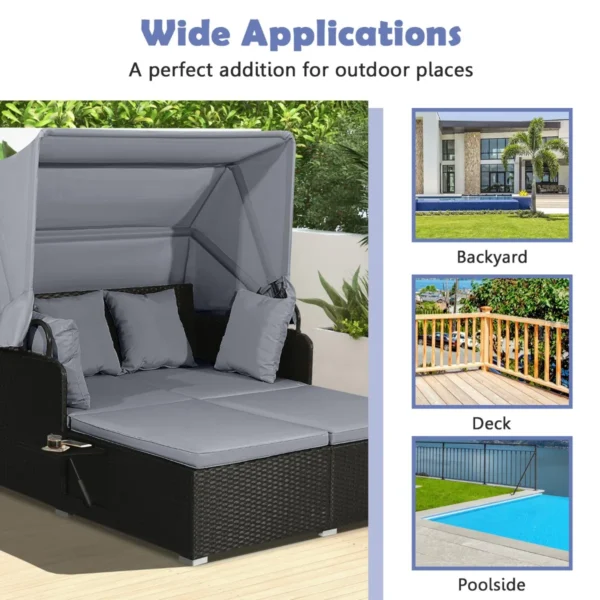 Rotan ligstoel voor 2 personen tuinligstoel met dak & uitklapbare zijtafels tweepersoons ligbed loungebed voor tuin terras grijs 4