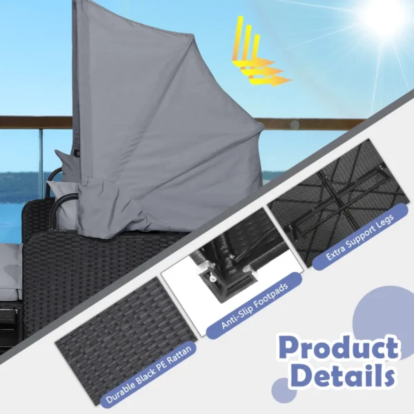 Rotan ligstoel voor 2 personen tuinligstoel met dak & uitklapbare zijtafels tweepersoons ligbed loungebed voor tuin terras grijs 5