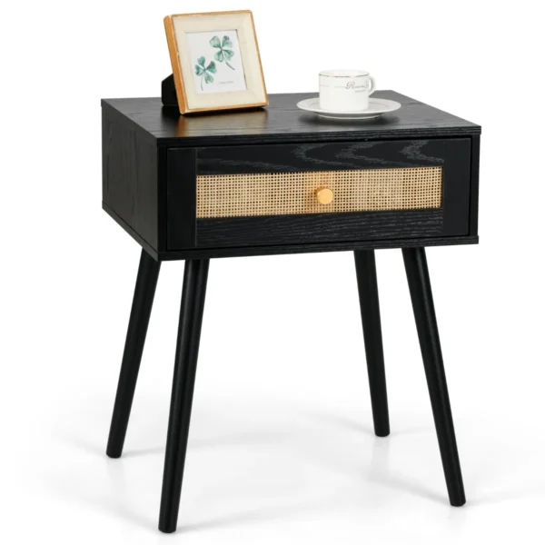 Rotan nachtkastje bohemian nachtkastje met één lade en massief houten poten houten bijzettafel voor slaapkamer woonkamer 1