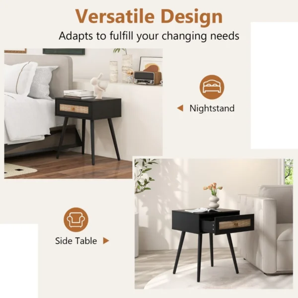 Rotan nachtkastje bohemian nachtkastje met één lade en massief houten poten houten bijzettafel voor slaapkamer woonkamer 5