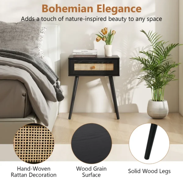 Rotan nachtkastje bohemian nachtkastje met één lade en massief houten poten houten bijzettafel voor slaapkamer woonkamer 6