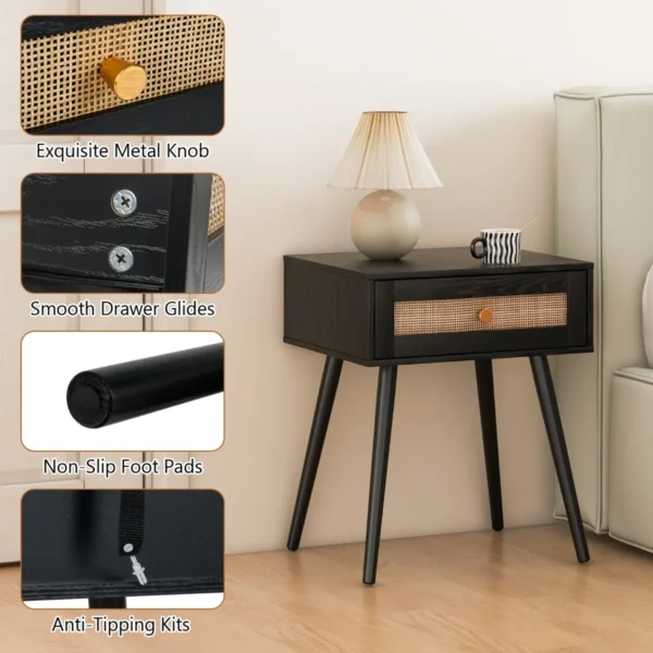 Rotan nachtkastje bohemian nachtkastje met één lade en massief houten poten houten bijzettafel voor slaapkamer woonkamer 7