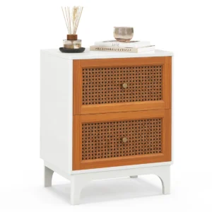 Rotan nachtkastje boho accenttafel met 2 handgeweven rotan versierde lades nachtkastje voor slaapkamer wit 1