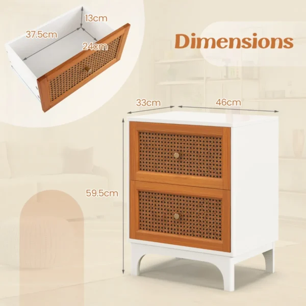 Rotan nachtkastje boho accenttafel met 2 handgeweven rotan versierde lades nachtkastje voor slaapkamer wit 2
