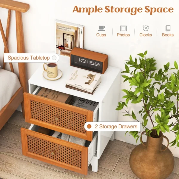 Rotan nachtkastje boho accenttafel met 2 handgeweven rotan versierde lades nachtkastje voor slaapkamer wit 3