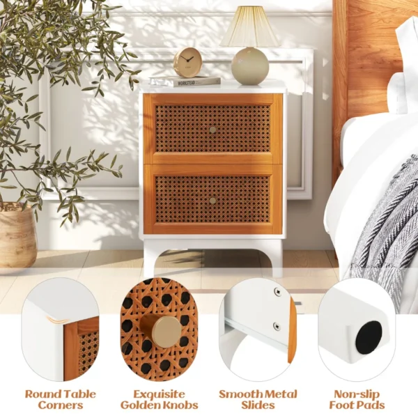 Rotan nachtkastje boho accenttafel met 2 handgeweven rotan versierde lades nachtkastje voor slaapkamer wit 4
