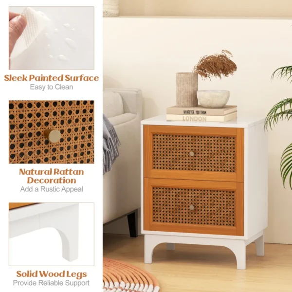 Rotan nachtkastje boho accenttafel met 2 handgeweven rotan versierde lades nachtkastje voor slaapkamer wit 6