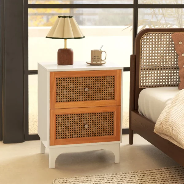 Rotan nachtkastje boho accenttafel met 2 handgeweven rotan versierde lades nachtkastje voor slaapkamer wit 7