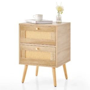 Rotan nachtkastje met 2 laden mid century modern bijzettafeltje massief houten poten voor woonkamer slaapkamer natuurlijk 1