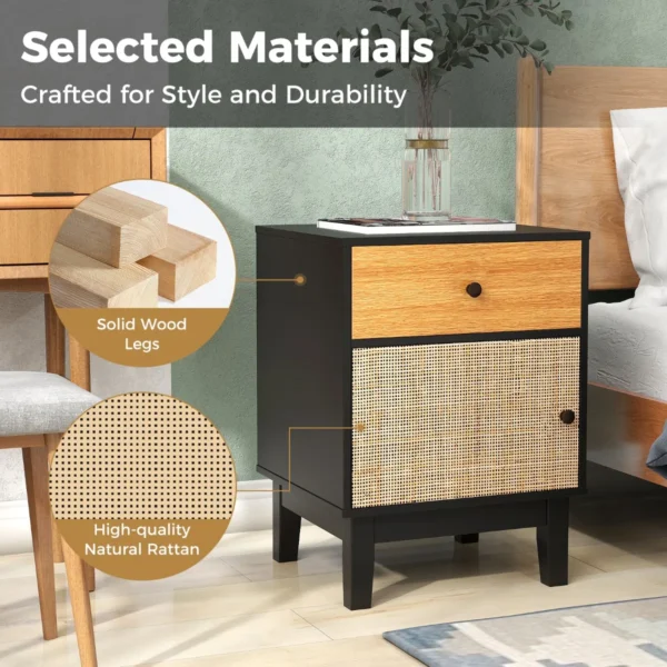Rotan nachtkastje mid century nachtkastje opberglade en kast bohemian bijzettafel massief houten poten voor woonkamer slaapkamer 4