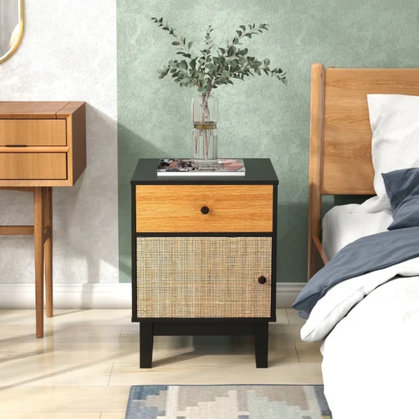 Rotan nachtkastje mid century nachtkastje opberglade en kast bohemian bijzettafel massief houten poten voor woonkamer slaapkamer 7
