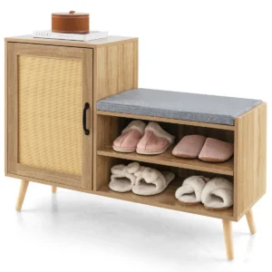 Rotan schoenenkast met bank 2 in 1 schoenenwisselbank met 3 verstelbare planken en poten van grenenhout vrijstaand schoenenrek 1