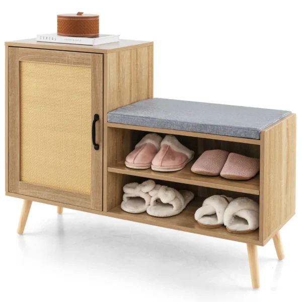 Rotan schoenenkast met bank 2 in 1 schoenenwisselbank met 3 verstelbare planken en poten van grenenhout vrijstaand schoenenrek 1