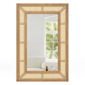 Rotan wandspiegel rechthoekige decoratieve spiegel met houten lijst verticale of horizontale hangspiegel boerderijstijl 90 x 60 cm 1