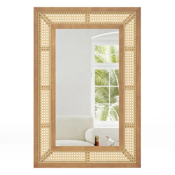 Rotan wandspiegel rechthoekige decoratieve spiegel met houten lijst verticale of horizontale hangspiegel boerderijstijl 90 x 60 cm 1