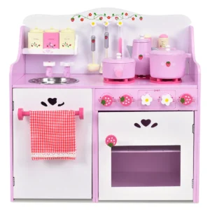 Roze kinderkeuken met bloemenpatroon speelgoedkeuken met 13 accessoires grote opbergruimte 60 x 29,5 x 62 cm 1