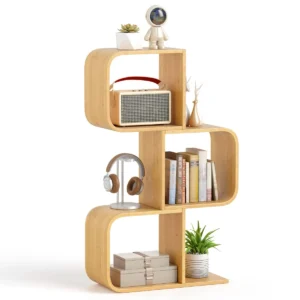 S vormig boekenkast staand rek van bamboe met 3 niveaus kubusrek kantoorrek opbergrek voor woonkamer werkkamer natuur 1
