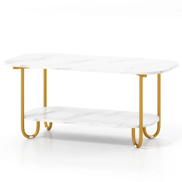 Salontafel met imitatiemarmeren blad 2 laags theetafel met opbergplank en stevig metalen frame moderne salontafel multifunctioneel 2