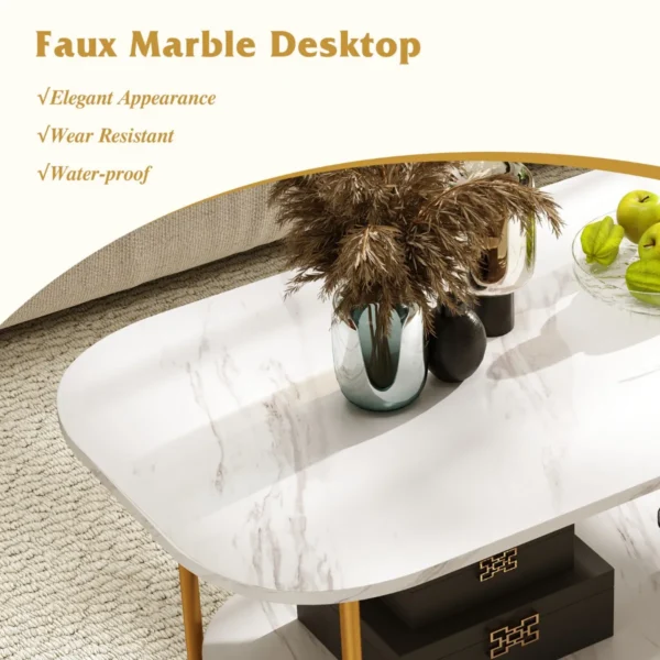 Salontafel met imitatiemarmeren blad 2 laags theetafel met opbergplank en stevig metalen frame moderne salontafel multifunctioneel 4