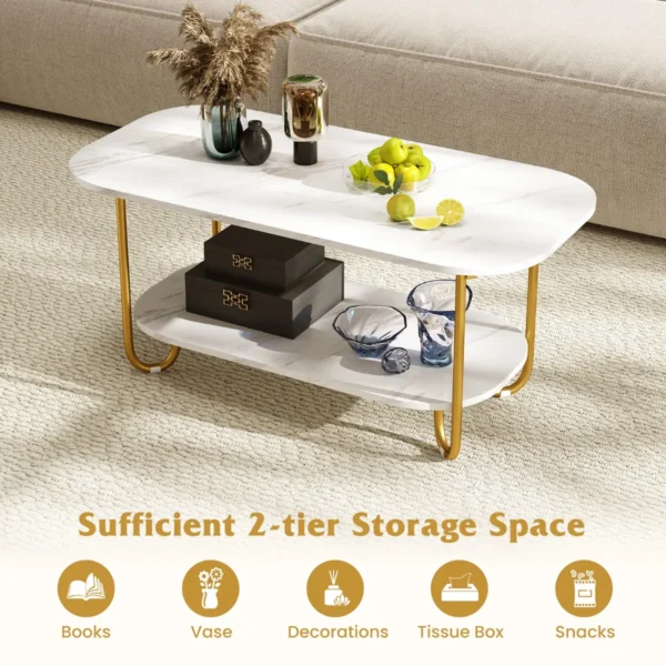 Salontafel met imitatiemarmeren blad 2 laags theetafel met opbergplank en stevig metalen frame moderne salontafel multifunctioneel 5