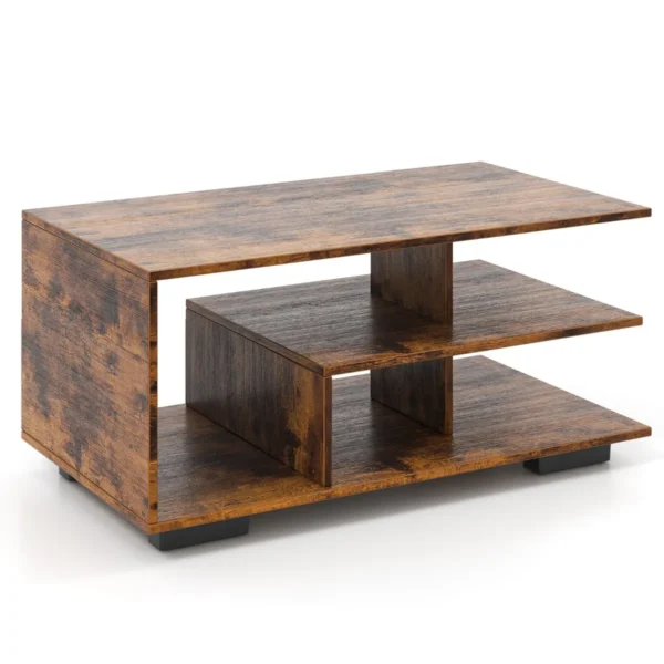 Salontafel met opbergruimte rechthoekige centrale tafel met centrale l plank multifunctionele geometrische tafel met 3 niveaus bruin 2