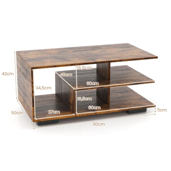 Salontafel met opbergruimte rechthoekige centrale tafel met centrale l plank multifunctionele geometrische tafel met 3 niveaus bruin 3
