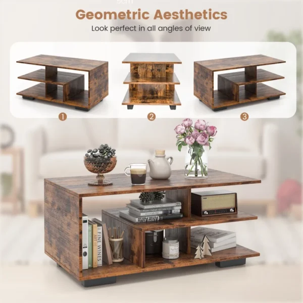 Salontafel met opbergruimte rechthoekige centrale tafel met centrale l plank multifunctionele geometrische tafel met 3 niveaus bruin 6